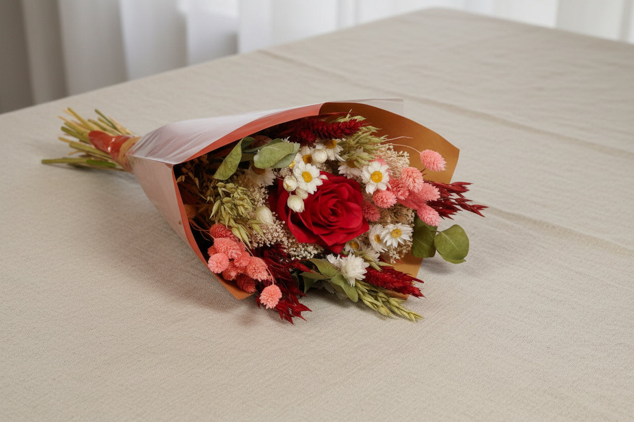 Bouquet fleurs séchées et artificielles rouge posé sur table