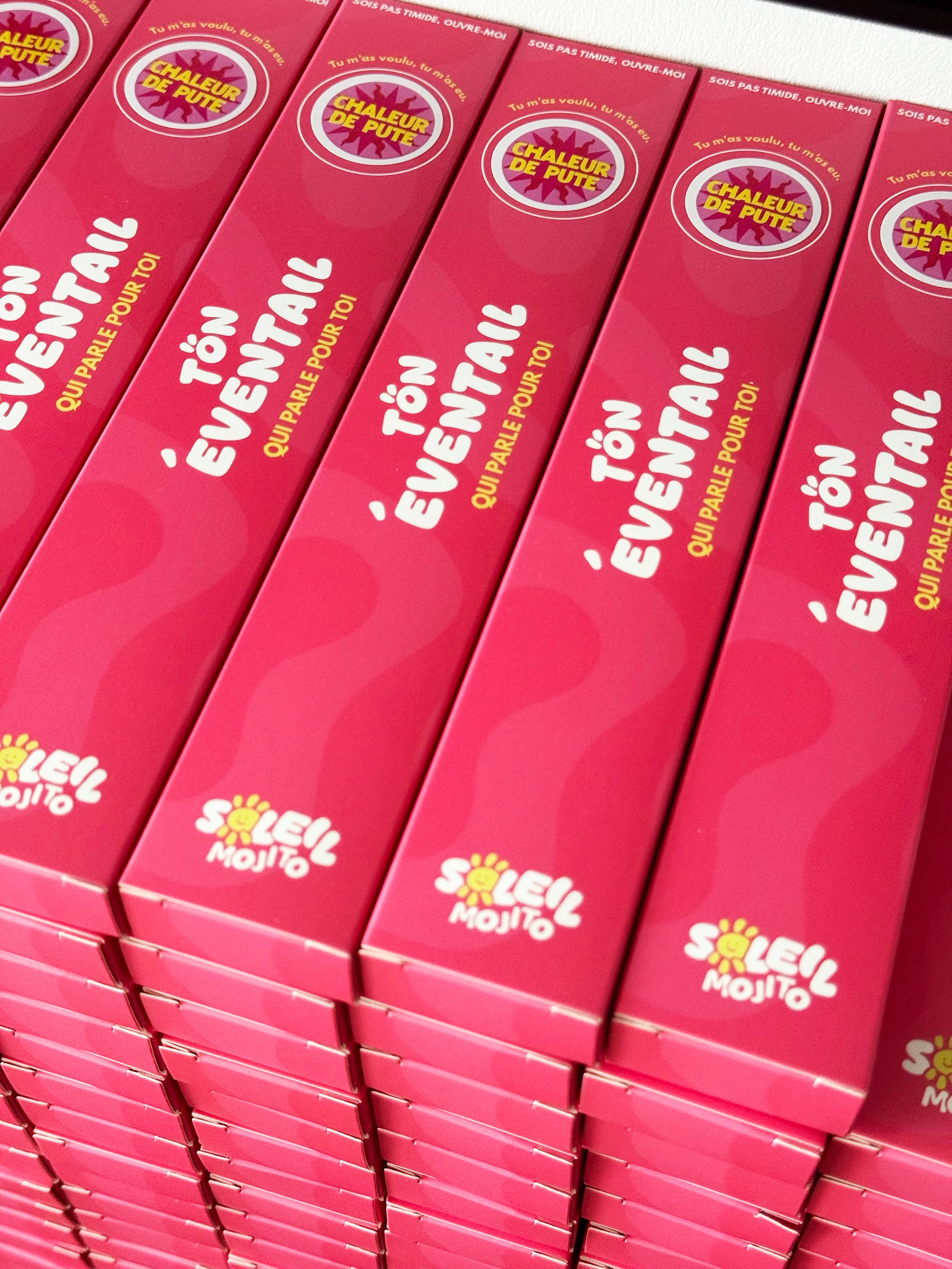 Packaging éventail Chaleur de Pute Soleil Mojito, boîtes roses «Tön éventail qui parle pour toi»
