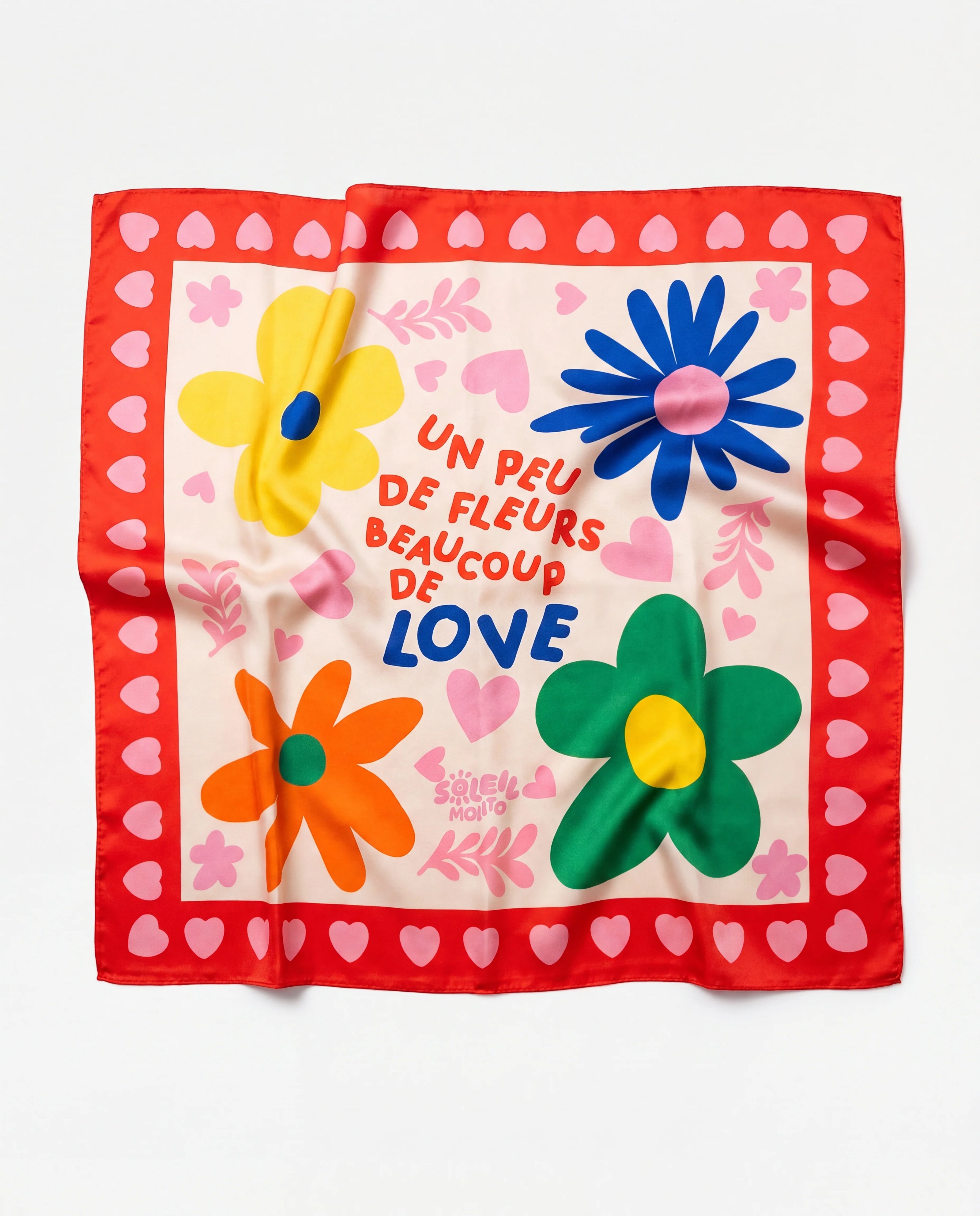 Foulard Fleurs & Love Soleil Mojito à plat, bordure cœurs roses et fleurs multicolores, 70x70 cm