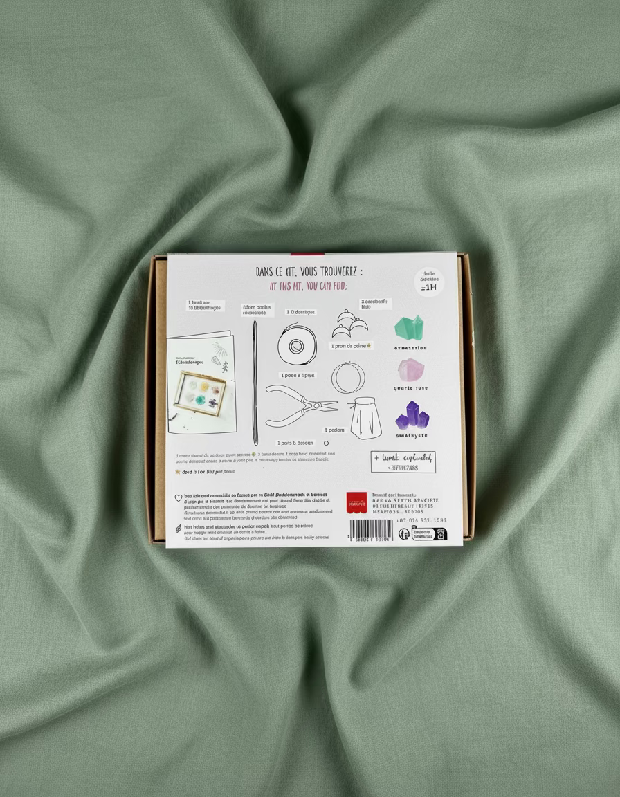 Kit bijou lithothérapie sur nappe en lin vert sauge