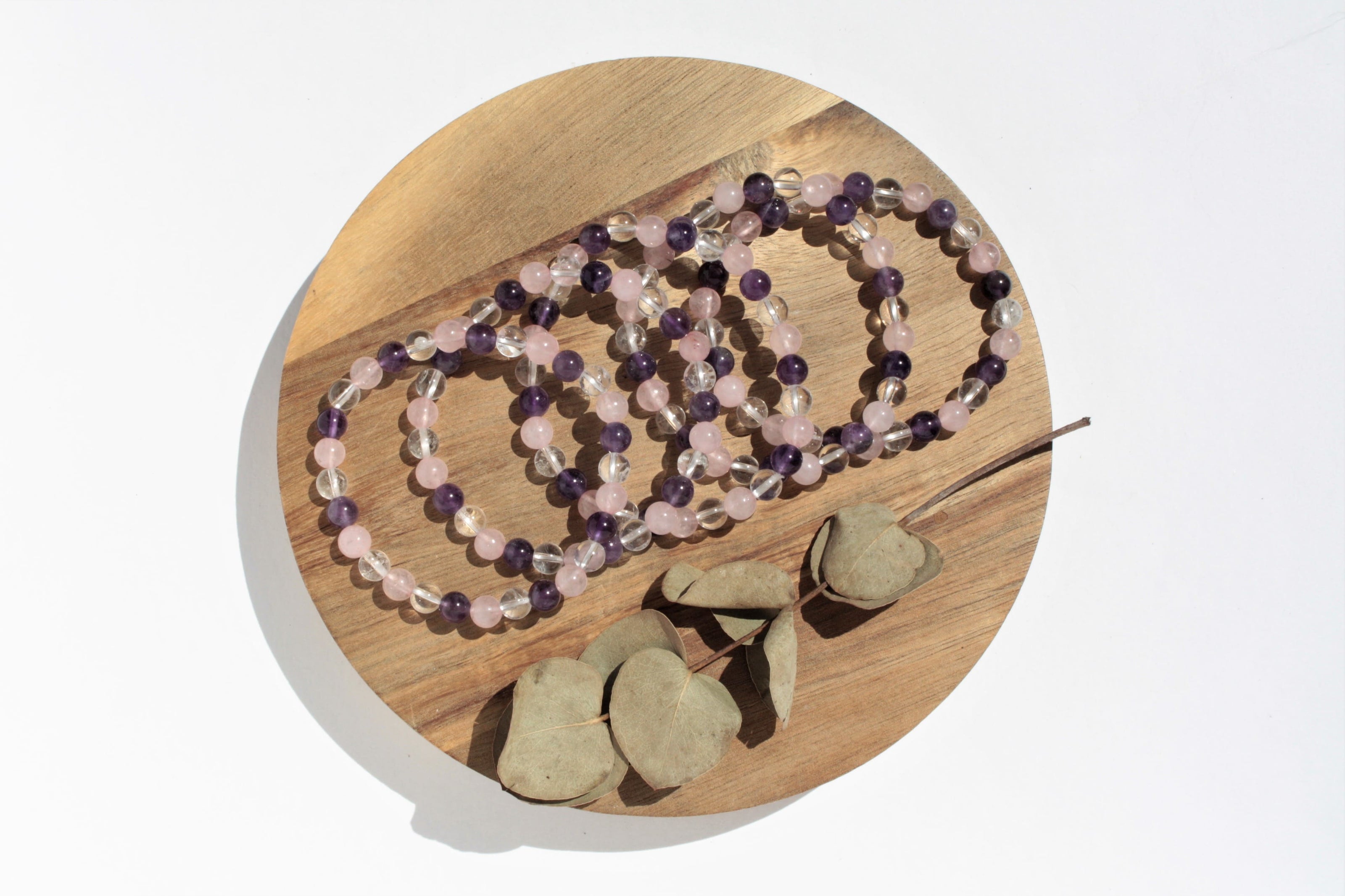Bracelet pierres naturelles - Améthyste, Quartz Rose et Cristal de Roche - 6mm