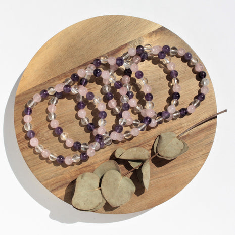 Bracelet pierres naturelles - Améthyste, Quartz Rose et Cristal de Roche - 6mm