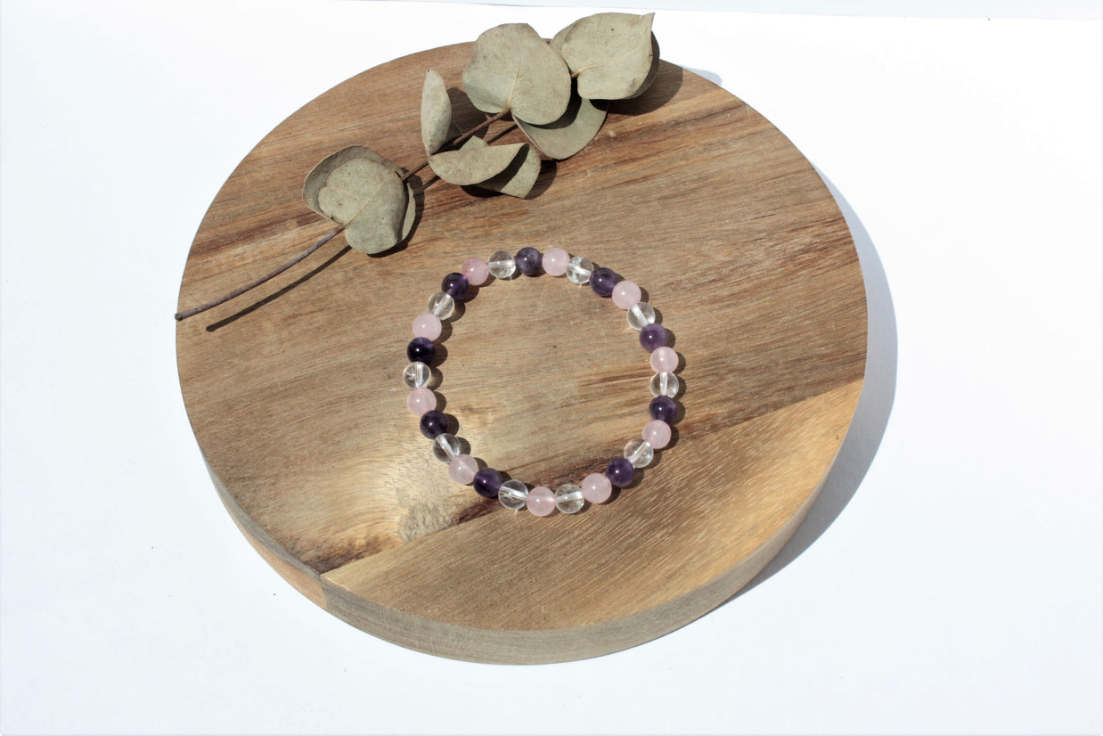 Bracelet pierres naturelles - Améthyste, Quartz Rose et Cristal de Roche - 6mm