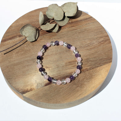 Bracelet pierres naturelles - Améthyste, Quartz Rose et Cristal de Roche - 6mm
