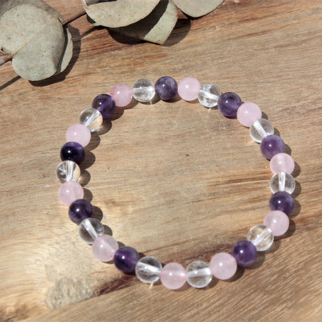 Bracelet pierres naturelles - Améthyste, Quartz Rose et Cristal de Roche - 6mm