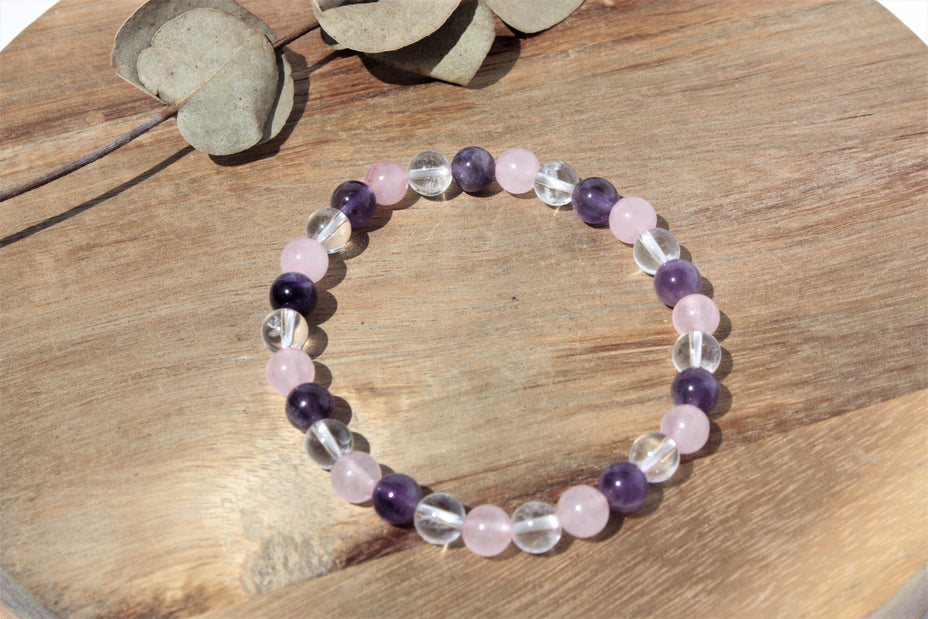 Bracelet pierres naturelles - Améthyste, Quartz Rose et Cristal de Roche - 6mm