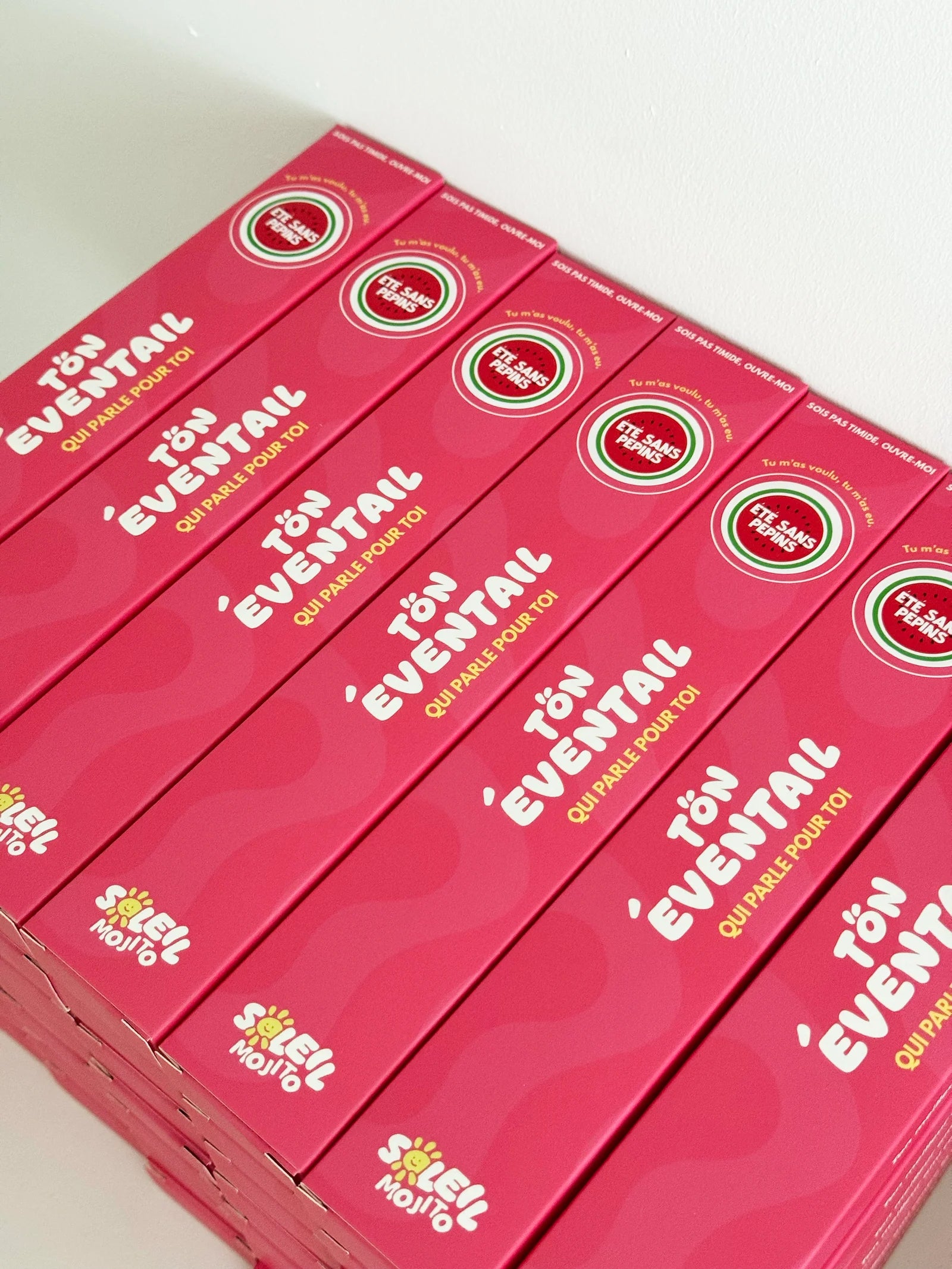 Packaging éventail Été sans Pépins Soleil Mojito, boîtes roses «Tön éventail qui parle pour toi»