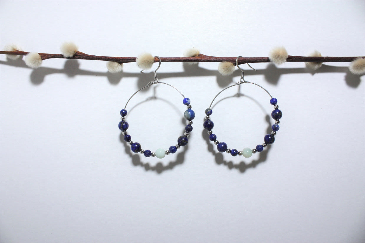 Boucles d'Oreilles Créoles en Lapis Lazuli et Amazonite