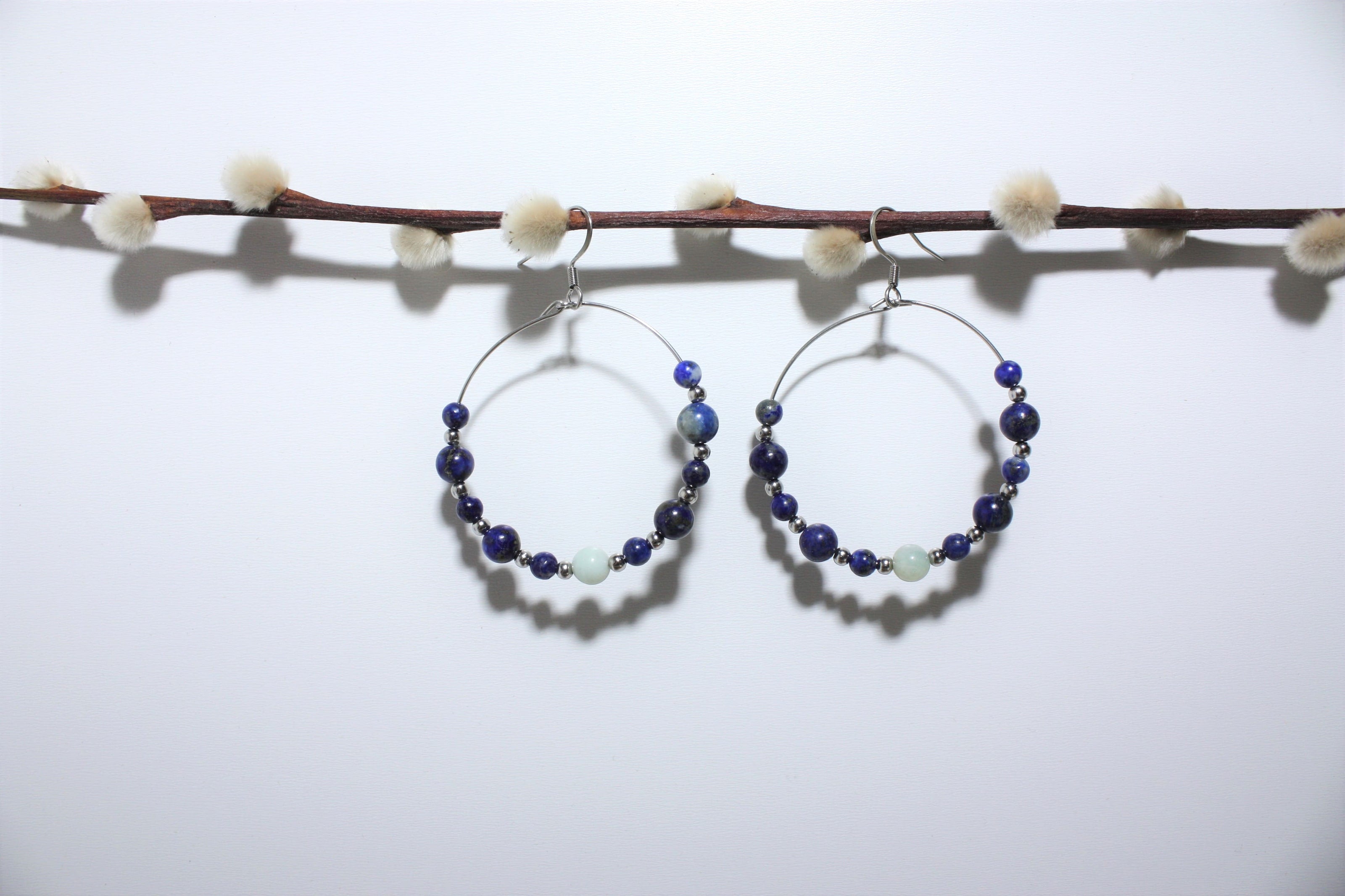 Boucles d'Oreilles Créoles en Lapis Lazuli et Amazonite