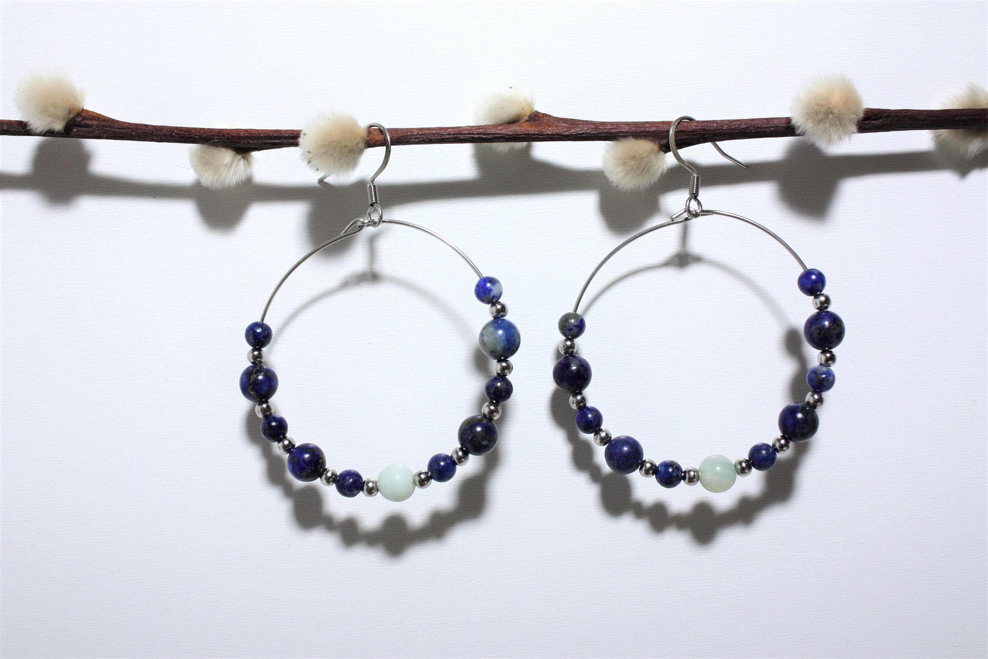 Boucles d'Oreilles Créoles en Lapis Lazuli et Amazonite