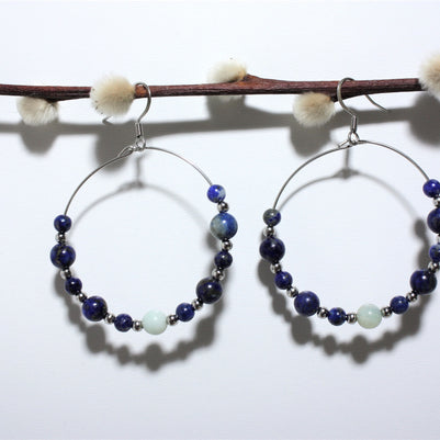 Boucles d'Oreilles Créoles en Lapis Lazuli et Amazonite