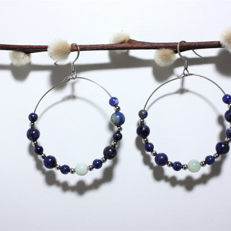 Boucles d'Oreilles Créoles en Lapis Lazuli et Amazonite