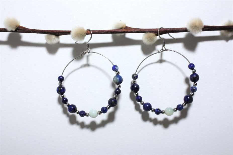 Boucles d'Oreilles Créoles en Lapis Lazuli et Amazonite