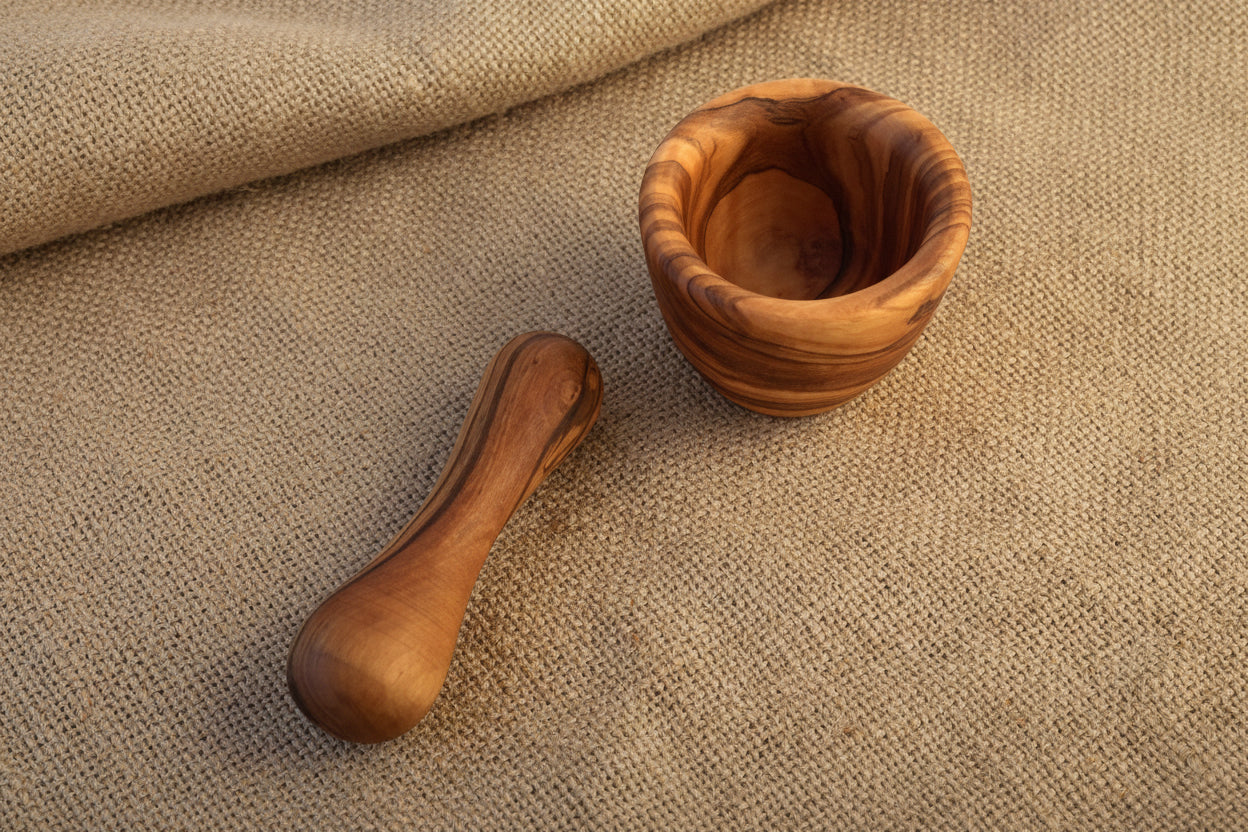 Mini mortier et pilon en bois d’olivier