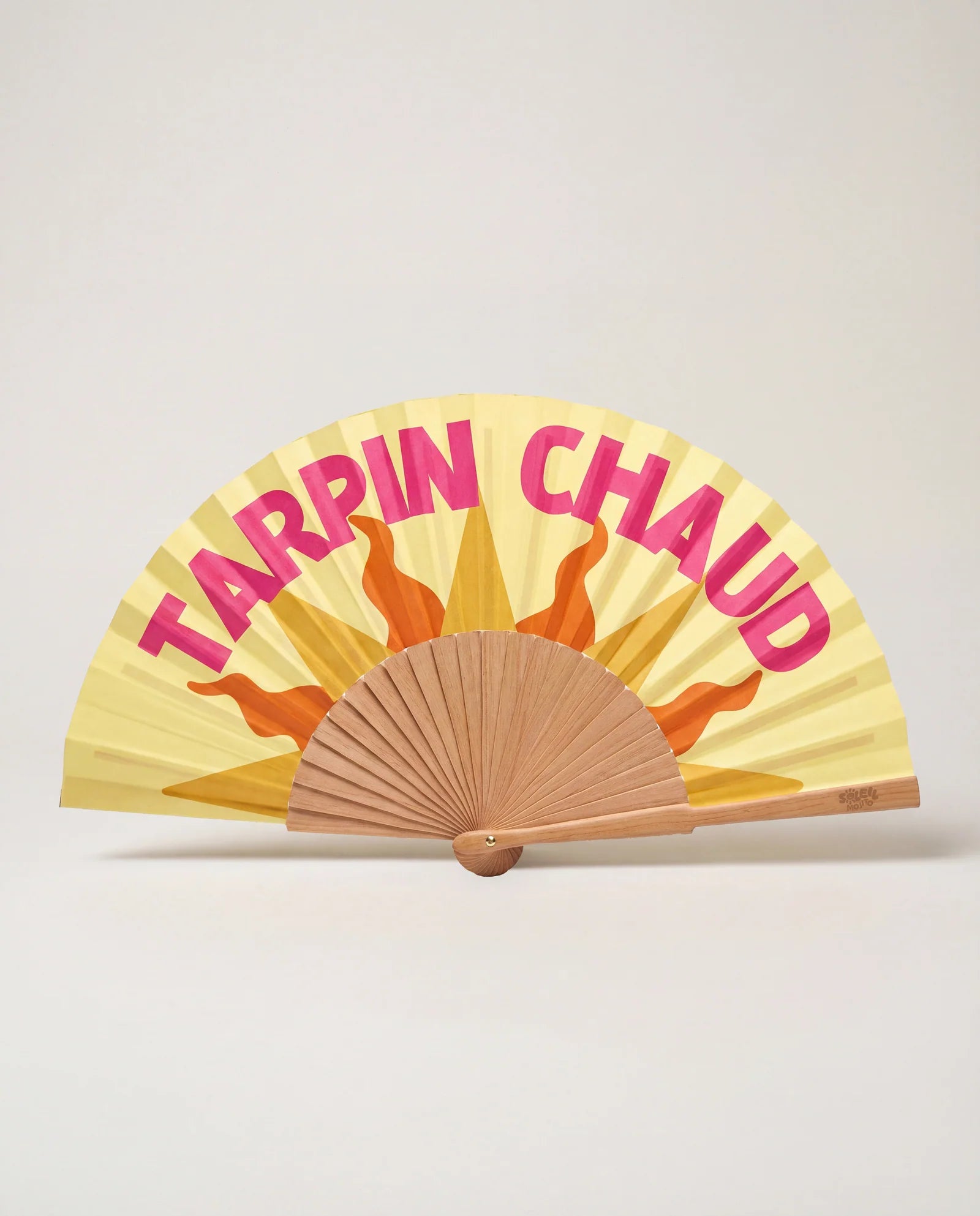 Éventail Tarpin Chaud Soleil Mojito en bois naturel, motif soleil coloré, vue de face