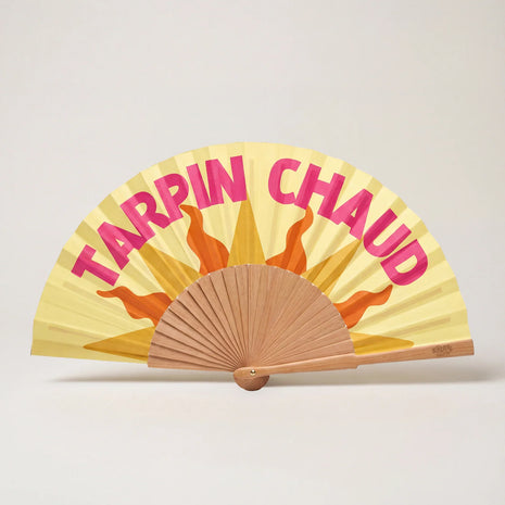 Éventail Tarpin Chaud Soleil Mojito en bois naturel, motif soleil coloré, vue de face