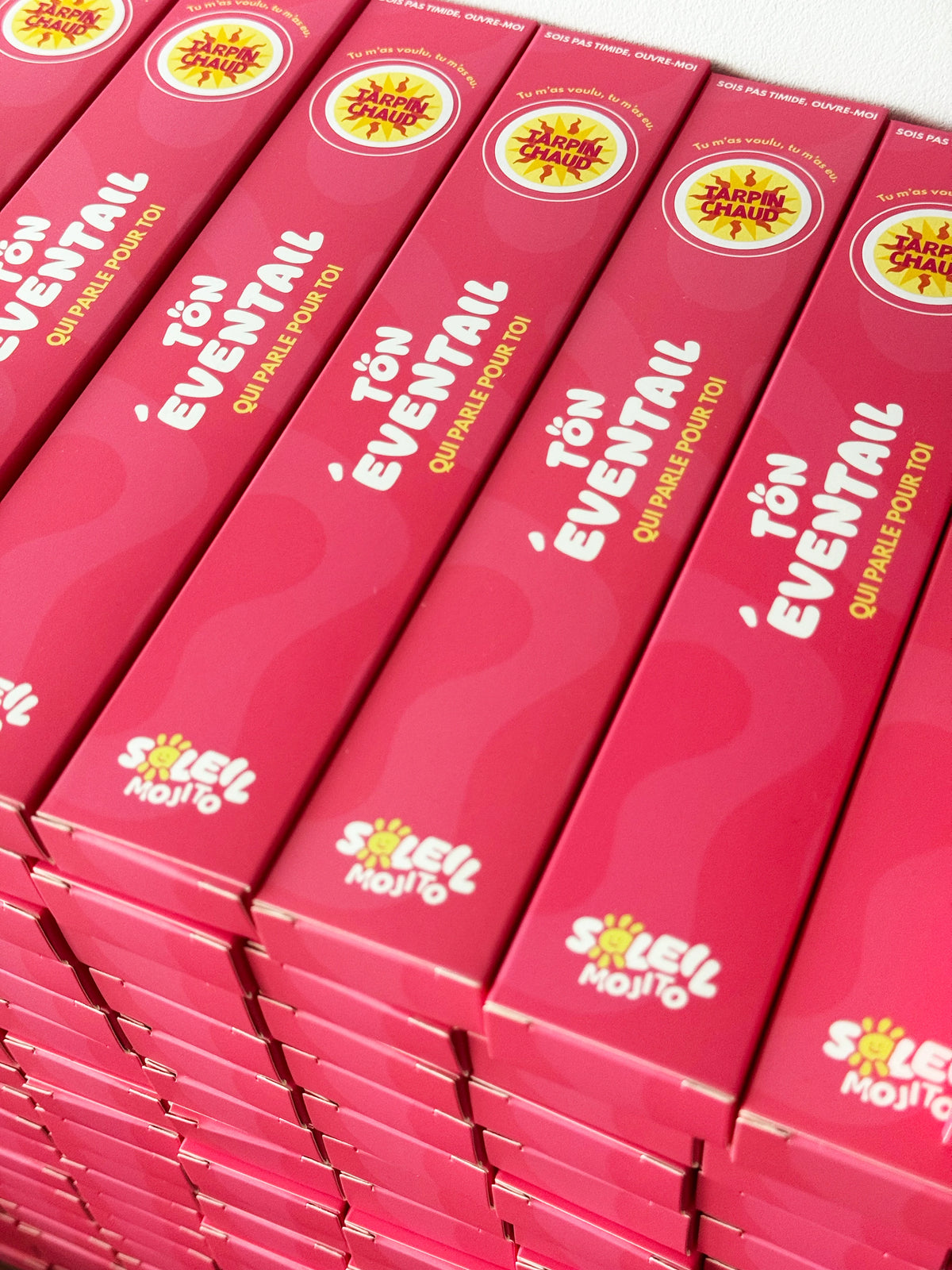 Packaging éventail Tarpin Chaud Soleil Mojito, boîtes roses «Tön éventail qui parle pour toi»