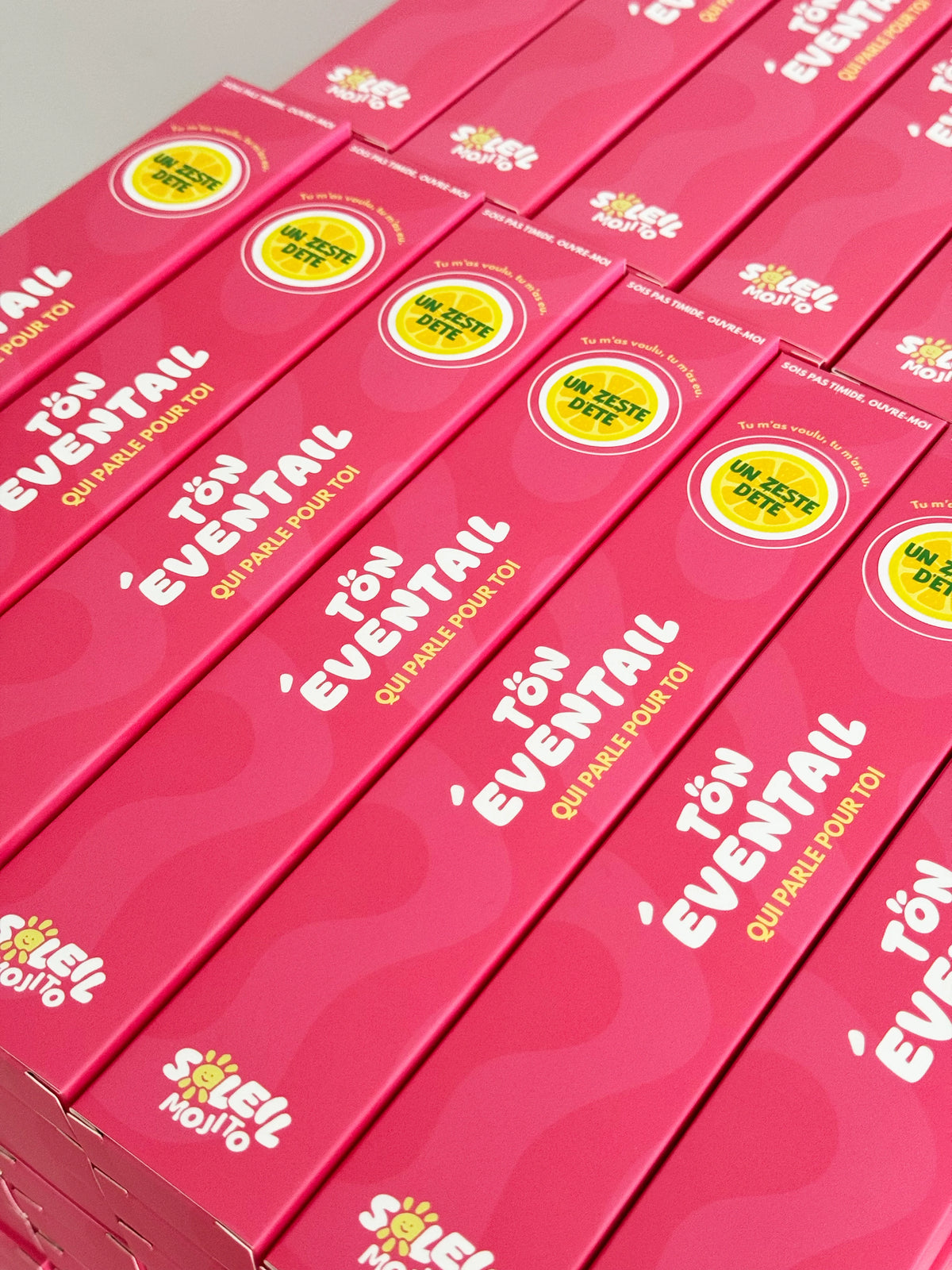 Packaging éventail Soleil Mojito, boîtes roses «Tön éventail qui parle pour toi»