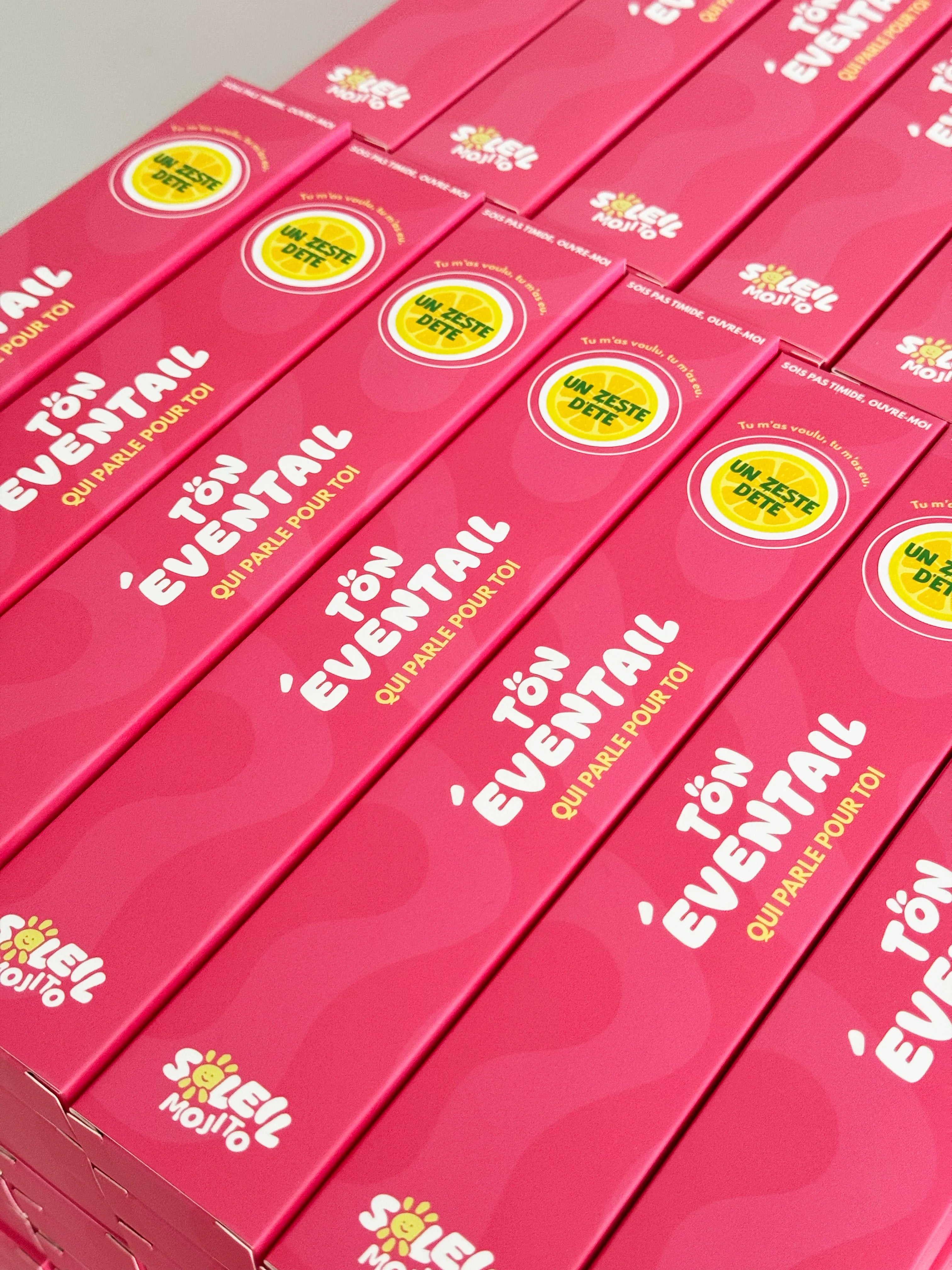 Packaging éventail Soleil Mojito, boîtes roses «Tön éventail qui parle pour toi»